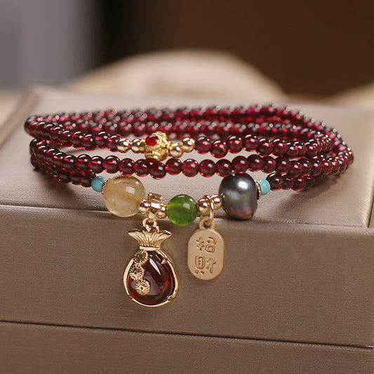 Pulsera multicapa de piedras de Buda con granate natural, jade y moneda para atraer riqueza