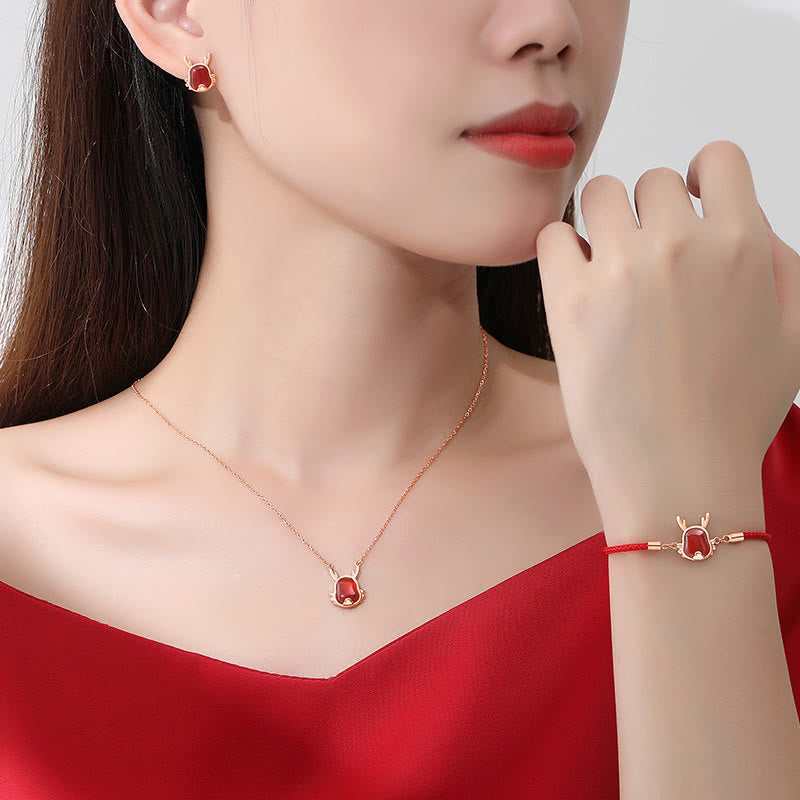 Buddha Stones 925 Sterling Silver Year of the Dragon Natural Red Agate Dragon Attract Fortune Fu Character Strength Bracelet Necklace Pendant Earrings