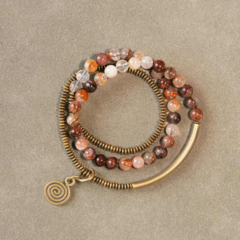 Pulsera de cobre con piedras de Buda, cuarzo hematoide rojo fantasma morado y cuarzo rutilado verde, amor y perdón