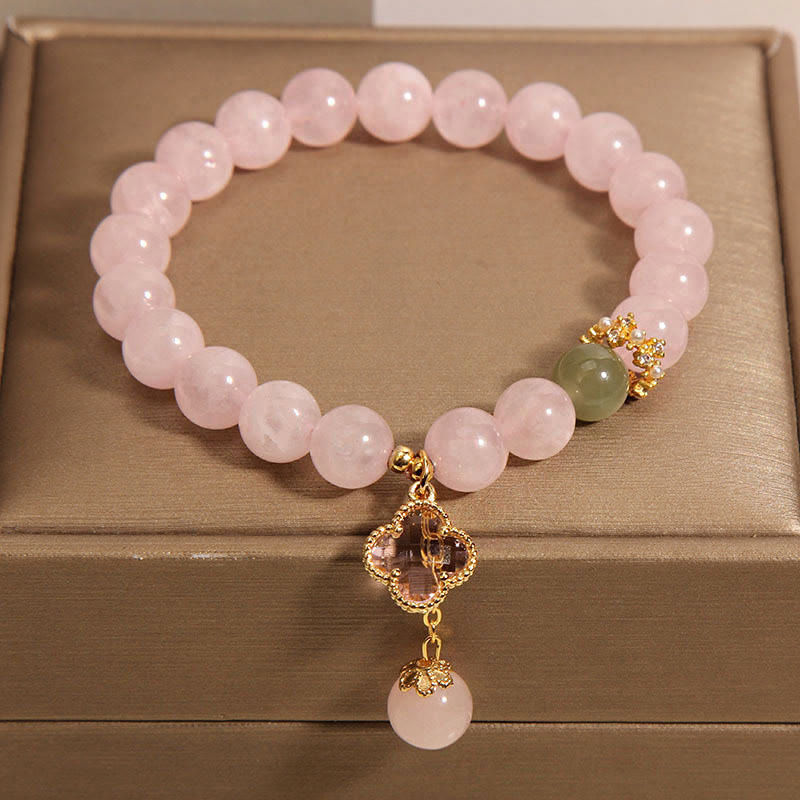 Pulsera relajante de trébol de cuatro hojas de cristal rosa natural de Buddha Stones