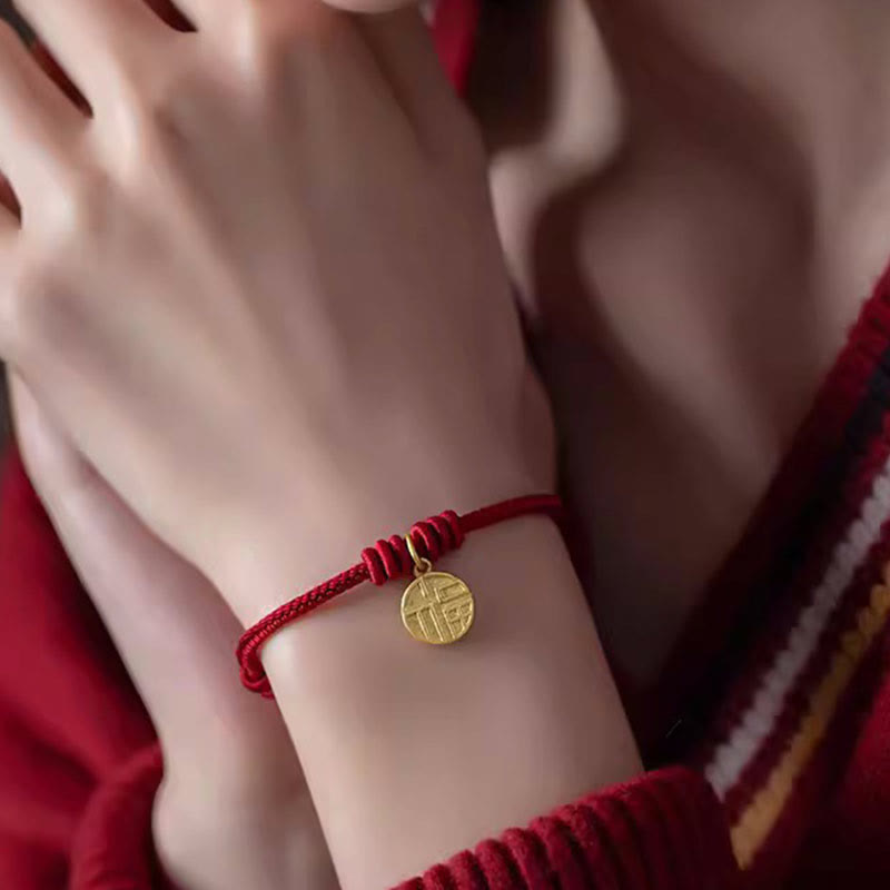 Buddha Stones Handmade Eight Thread Peace Knot Fu Character Charm Luck Happiness Red Rope Bracelet