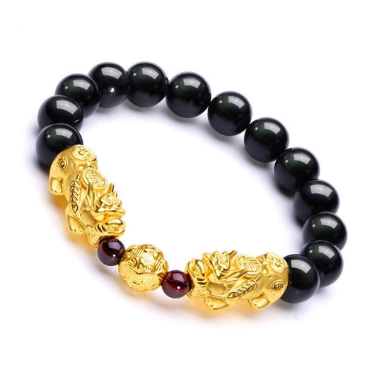 Fortune Stability Double Pixiu in Black & Red Agate Charm Bracelet