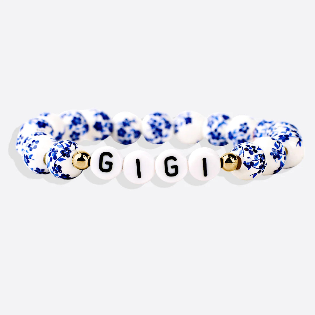 Blaues Porzellan-Armband mit Blumenperlen für Mama und Oma