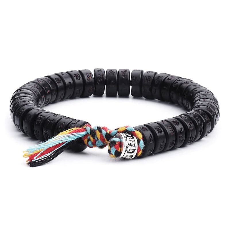 Tibetan Lucky Black Coconut Shell Braided Bracelet, Meditation Bracelet, Mens Bracelet