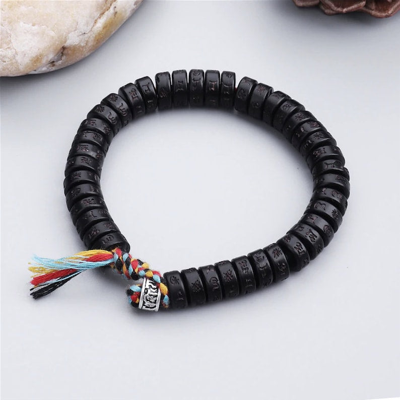 Tibetan Lucky Black Coconut Shell Braided Bracelet, Meditation Bracelet, Mens Bracelet