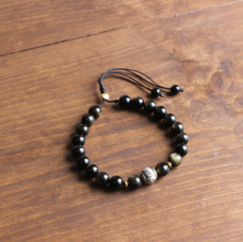 Tibetisches Mantra-Armband, Glücksarmband aus Obsidian zum Schutz