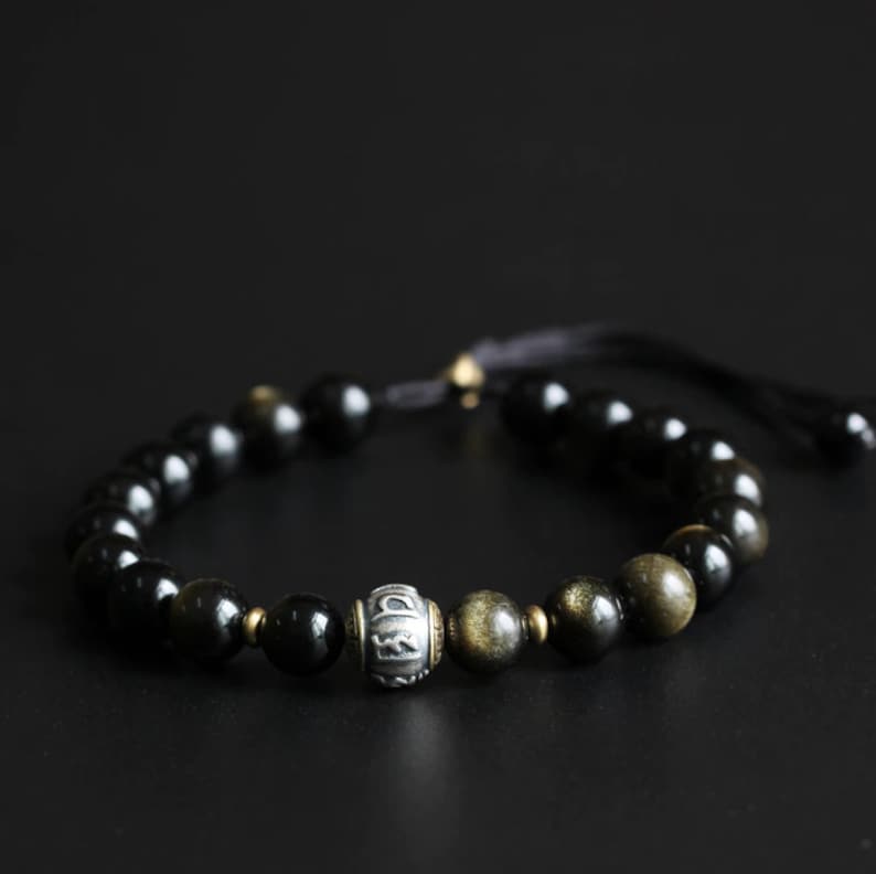 Tibetan Mantra Bracelet Lucky Obsidian Bracelet for Protection