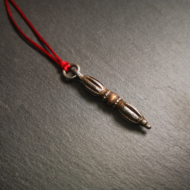 Tibetan Buddhist Amulet,Nine-pronged Dorje Vajra Pendant with Leather Chord,Made of Cold Iron,1.97"