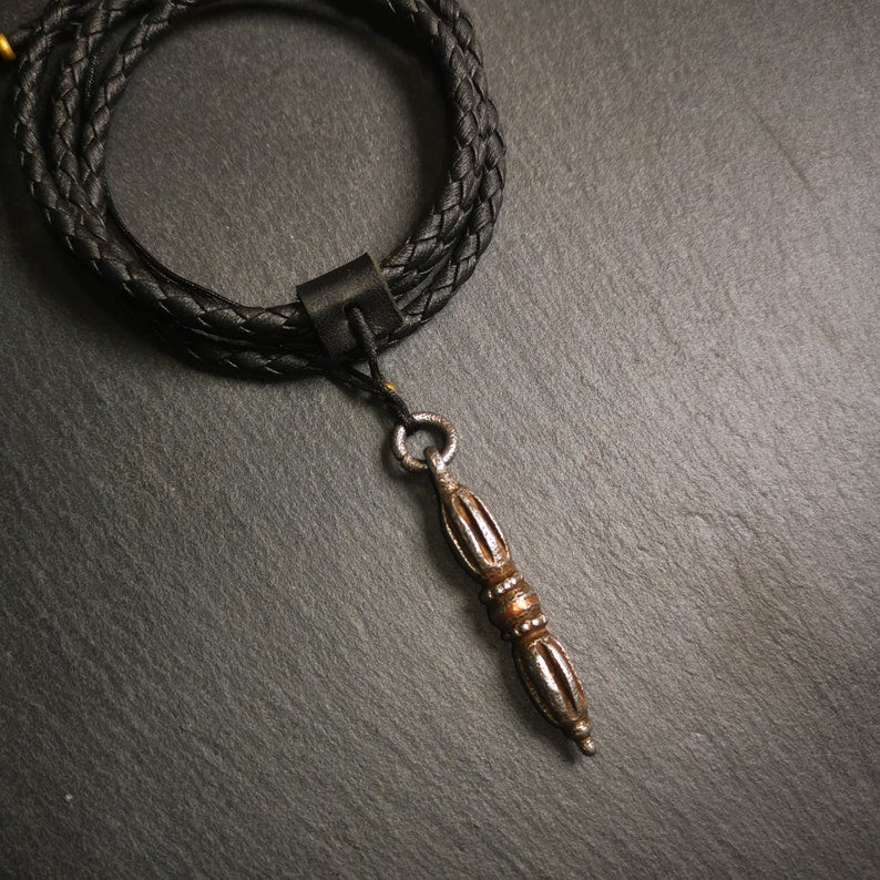 Tibetan Buddhist Amulet,Nine-pronged Dorje Vajra Pendant with Leather Chord,Made of Cold Iron,1.97"