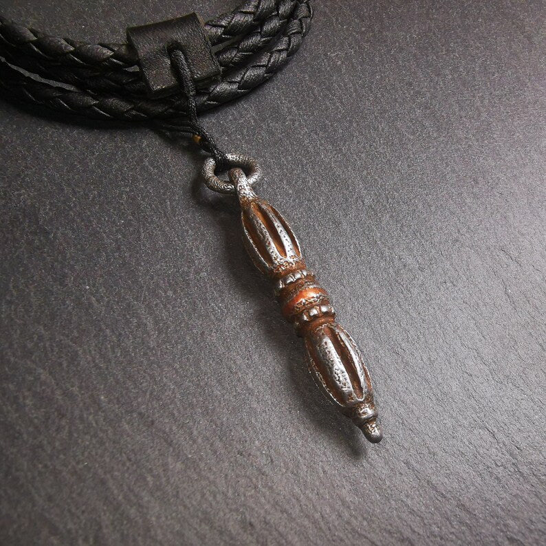 Tibetan Buddhist Amulet,Nine-pronged Dorje Vajra Pendant with Leather Chord,Made of Cold Iron,1.97"
