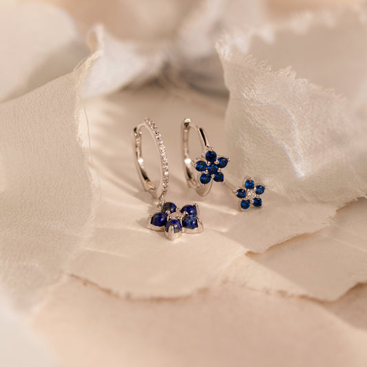 Sapphire Flower Earrings Set - Silver