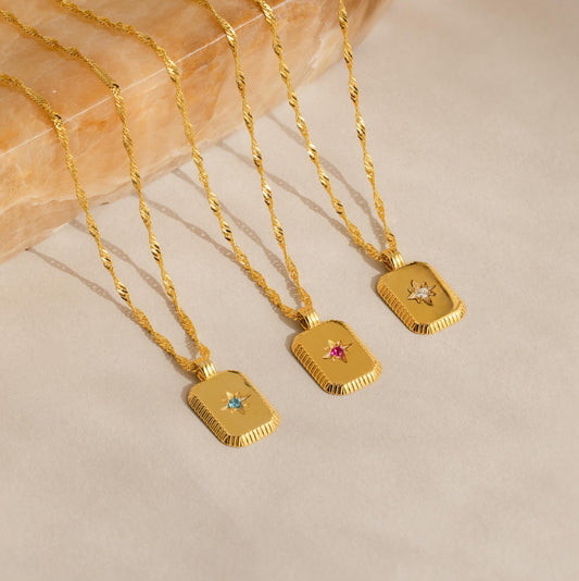 Ribbed Birthstone Star Necklace
