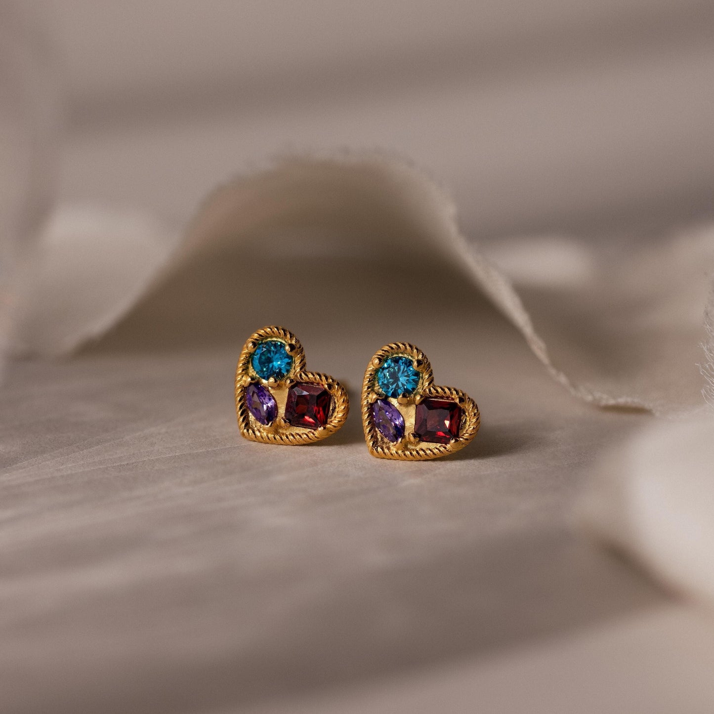 Mixed Birthstone Heart Studs