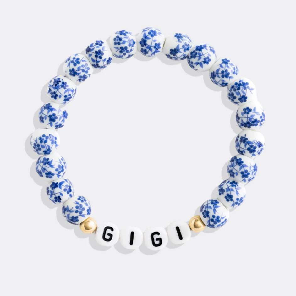 Blaues Porzellan-Armband mit Blumenperlen für Mama und Oma