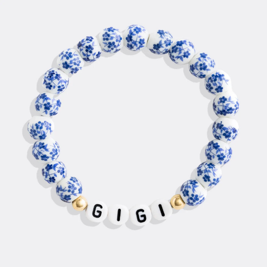 Blaues Porzellan-Armband mit Blumenperlen für Mama und Oma