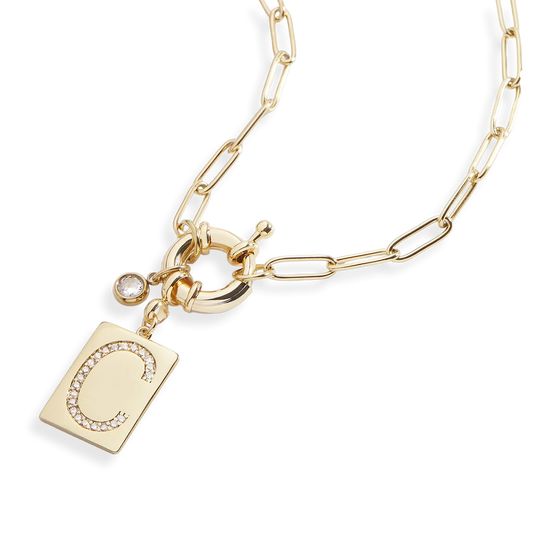 Pave Initial Pendant Necklace with Paperclip Chain