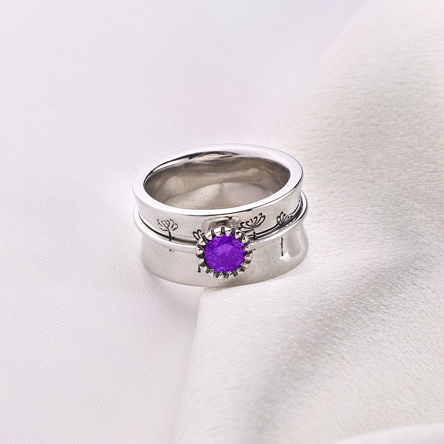 Silver Dandelion Birthstone Spinning Fidget Ring