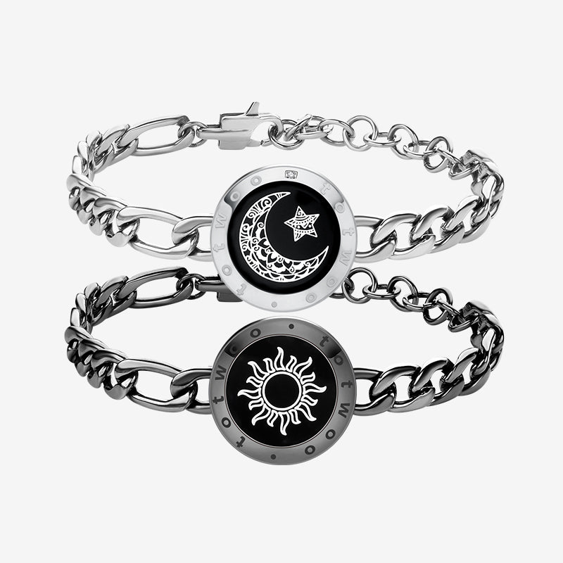 Sun&Moon Touch Bracelets with Figaro Chain (Black+Silver) - Touch Bling