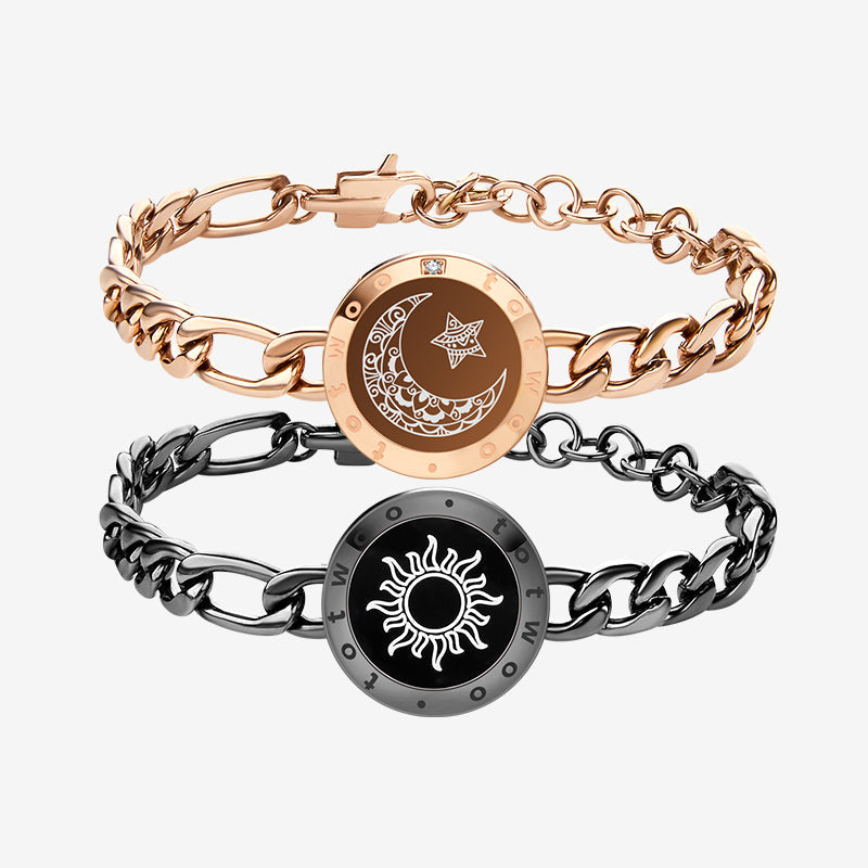 Sun&Moon Touch Bracelets with Figaro Chain (Black+Rose Gold) - Touch Bling