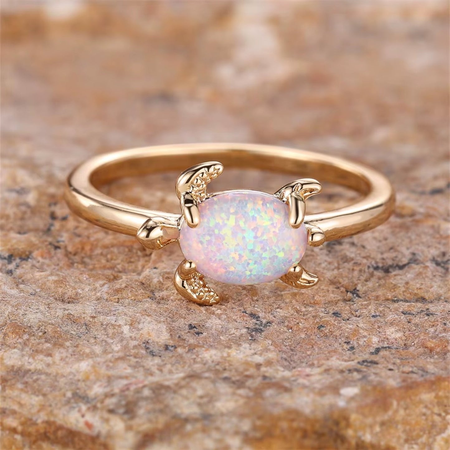 White Fire Opal Turtle Ring