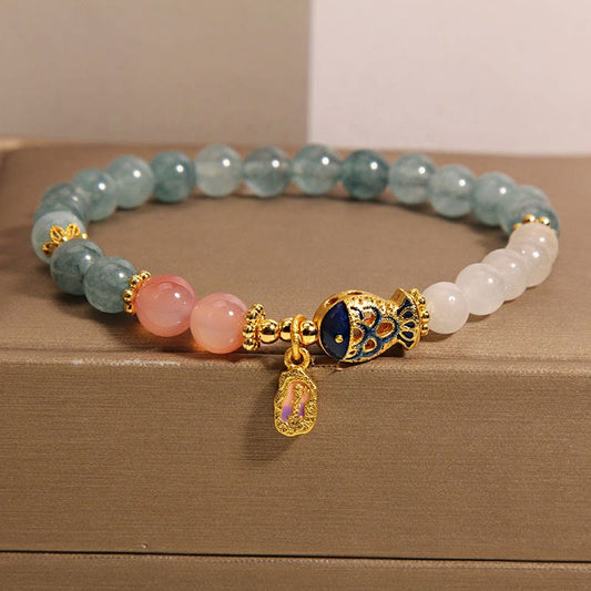 Buddha Stones Jade Yanyuan Agate White Jade Koi Fish Scripture Charm Luck Bracelet