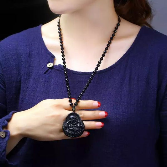 Buddha Stones Fortune Gathering Mantra Natural Various Crystal Black Obsidian Fulfilment Necklace Pendant