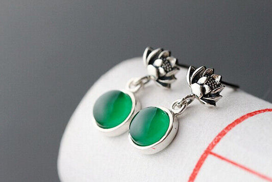 Buddha Stones Green Chalcedony Good Luck Lotus Earrings