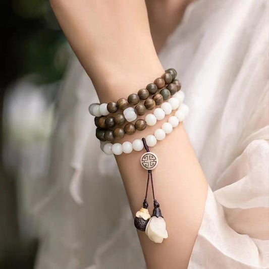 Buddha Stones Green Sandalwood Fu Character Bamboo Soothing Bracelet