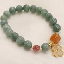 Buddha Stones Hetian Jade Pearl Alloy Four Leaf Clover Pendant Bracelet