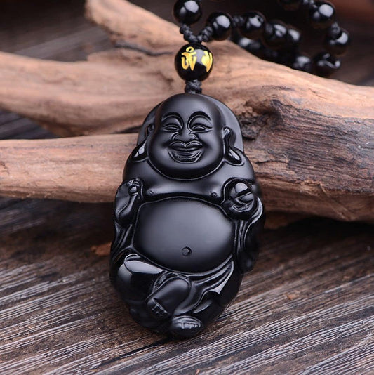 Buddha Stones Natural Black Obsidian Ice Obsidian Laughing Buddha Purification Necklace Pendant