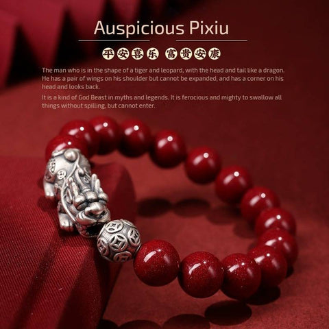 Buddha Stones Natural Cinnabar Peace Buckle Copper Coin Charm Blessing Bracelet