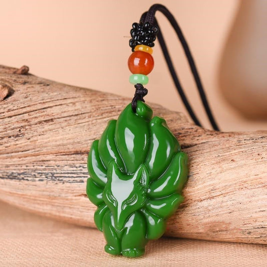 Buddha Stones Natural Jade Nine Tailed Fox Luck Necklace Pendant