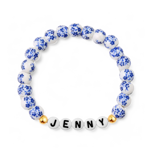 Custom Blue Porcelain Floral Beaded Name Bracelet