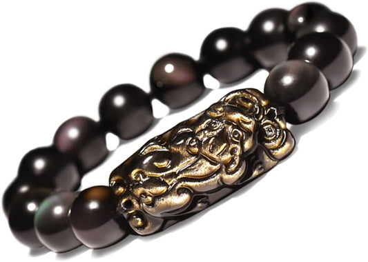 Natural Obsidian Hand Woven Boys Silver Pixiu Feng Shui Bracelet