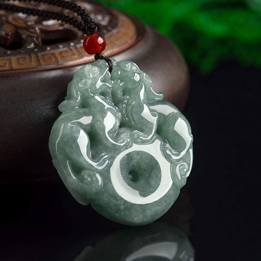 Prosperity Dragon Pendant Natural A Grade Jadeite Deep Green Wealth Protection