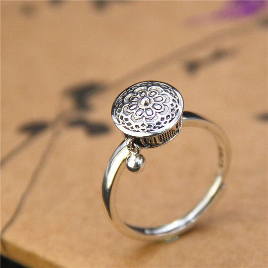 Rotatable Tibetan Sanskrit Six Character Mantra Sterling Silver Ring