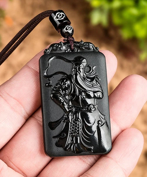 Wearing the Buddha Stones Black Obsidian Guan Gong Pendant