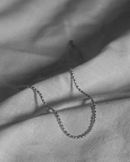 a black and white photo of a necklace