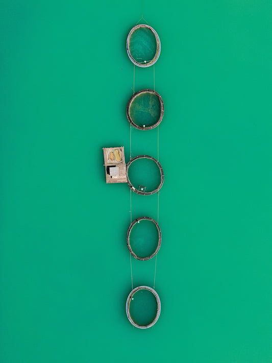 Five circular frames hang vertically against green