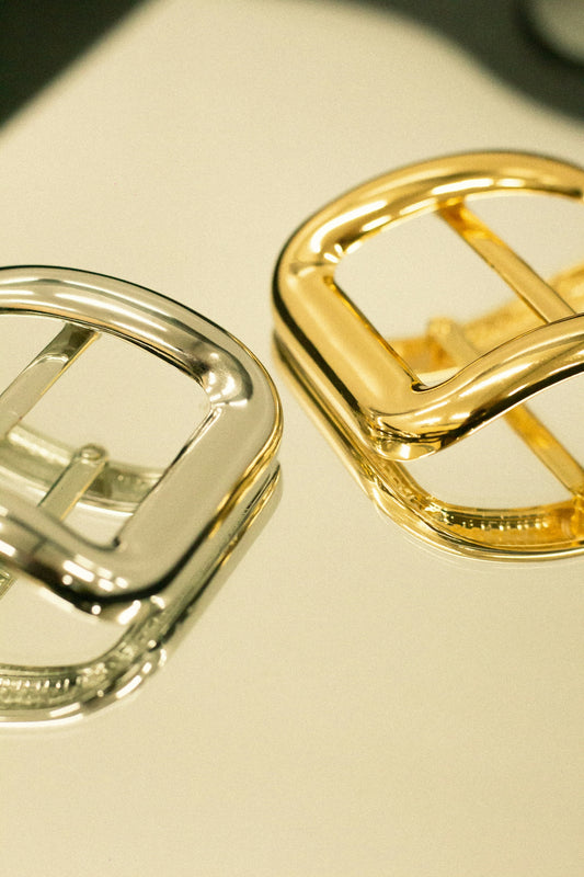Two shiny metal belt buckles on a reflective surface