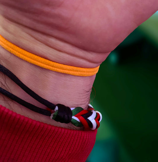 Close-up of a wrist with colorful bracelets