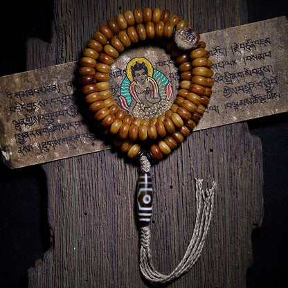 Pulsera tibetana de 108 cuentas Mala de hueso de yak con tres ojos de Dzi y piedras de Buda para alejar los malos espíritus.