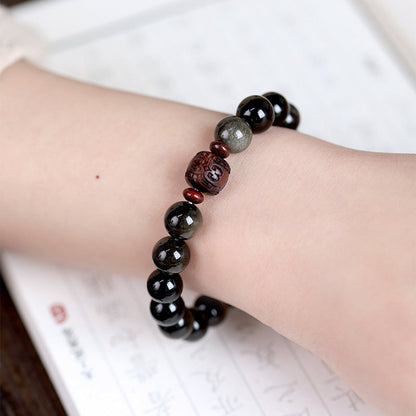 Buddha Stones Natural Gold Sheen Obsidian Rainbow Obsidian Om Mani Padme Hum Fu Character Healing Bracelet
