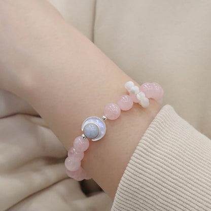 Pulsera de plata de ley 925 con amatista natural, aguamarina y cristal rosa, ojo de gato y luna creciente curativa. 
