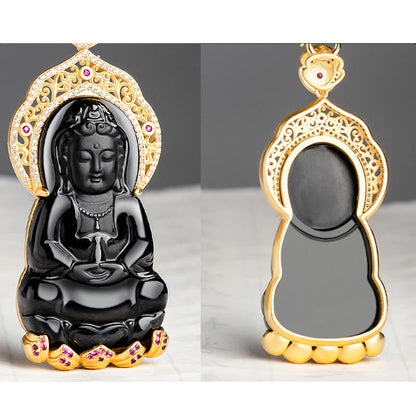 Collar con colgante de la riqueza de Kwan Yin Avalokitesvara y jade negro natural en plata de ley 925 con piedras de Buda