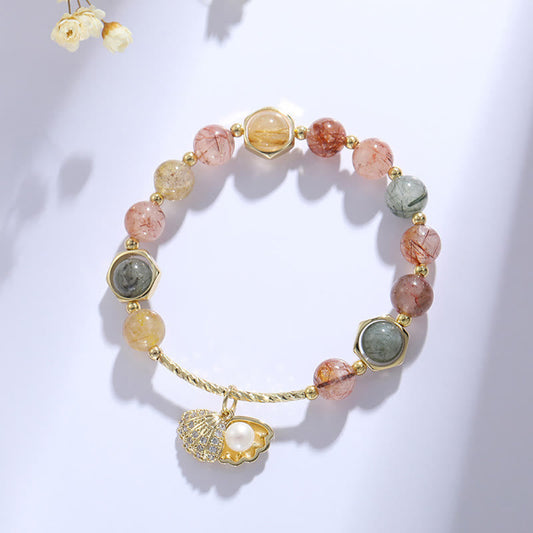 Pulsera de cuentas de protección de concha de cuarzo rutilado natural y colorido de Buddha Stones
