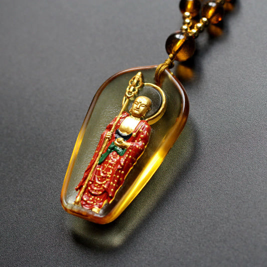 Buddha Stones Ksitigarbha Buddha Liuli Kristall Mitgefühl Amulett Halskette Anhänger