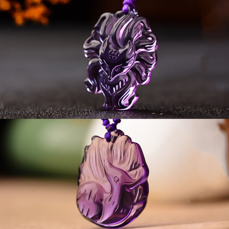 Buddha Stones Natürlicher Amethyst Weißer Kristall Citrin Neunschwänziger Fuchs Glück Halskette Anhänger 