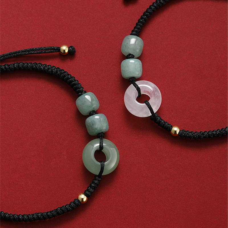 Pulsera trenzada de pareja con 2 piedras de Buda, aventurina verde, jade blanco y hebilla de la paz.
