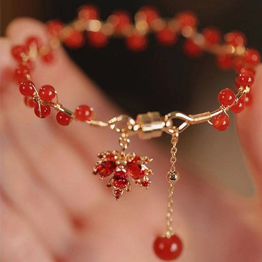 Pulsera de amuleto de la suerte con hojas de arce rojas y piedras de Buda 